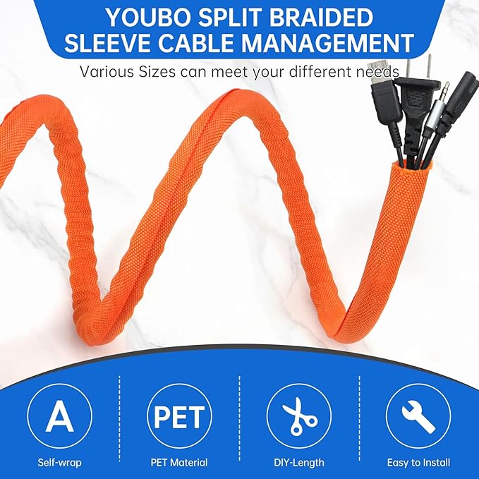 Split Braided Cable Sleeve，Flexible Wire Loom Tubing, Automotive Cord Protector Pet Proof, Cable Management for Computer TV Electric Wires Harness 16ft (Orange, 25mm（1")