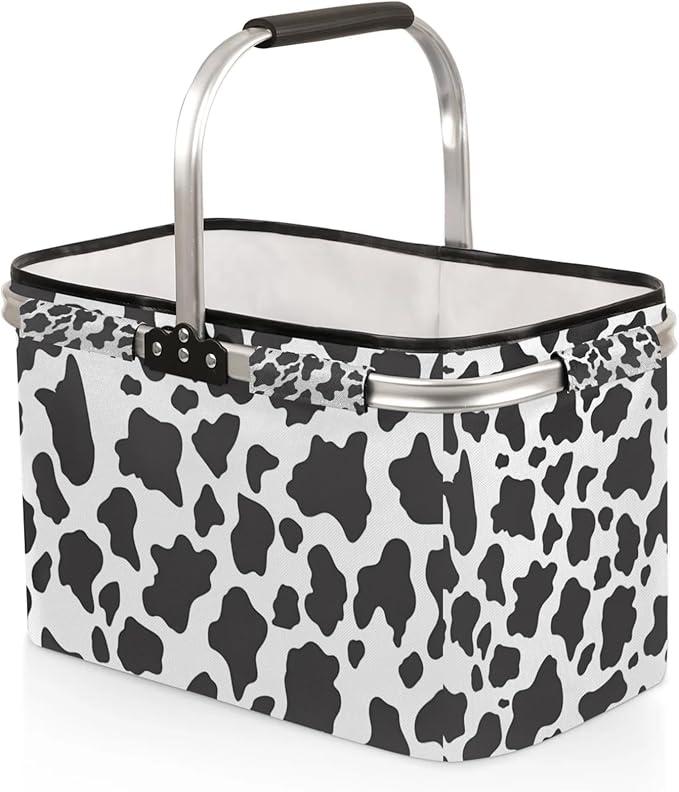 Collapsible Picnic Basket with Handle, Shopping Basket Aluminum Frame, Grocery Basket Tote for Women, Farmers Market Basket, Harvest Baskets Camping Travel Portable Beach Bag (Cow Printing Pattern)