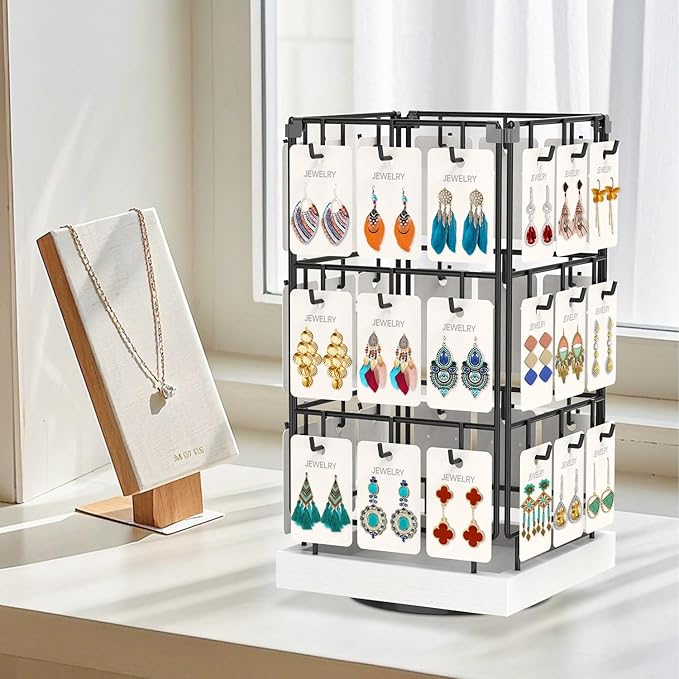 EsLuker.ly Rotating Earring Display Holder Stand for Vendors Events Selling, Large Capacity 36 Hooks Jewelry Rack with Wooden Base for Earring Card Sales, Enhances Retail Visibility