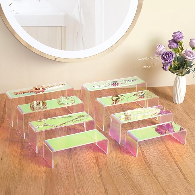 Iridescent Acrylic Display Risers, 8pcs Rainbow Display Stand Rectangular Stands Showcase Transparent Display Shelf for Dessert Cupcake Collectibles Figures Jewelry Perfume Christmas Decor