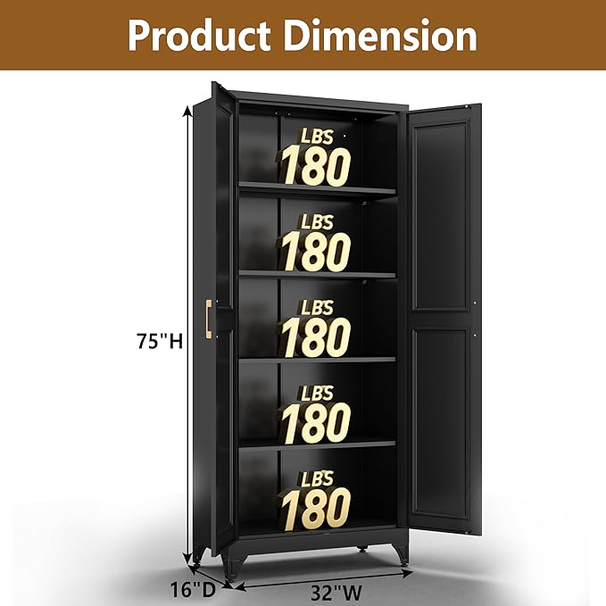 Kitchen Pantry Cabinet, 75" H Metal Storage Cabinet with Doors and Shelves, 4 Standing Feet, Cupboard for Kitchen, Dining, Living Room, 16" D x 32" W x 75" H, Black, Assembly Required