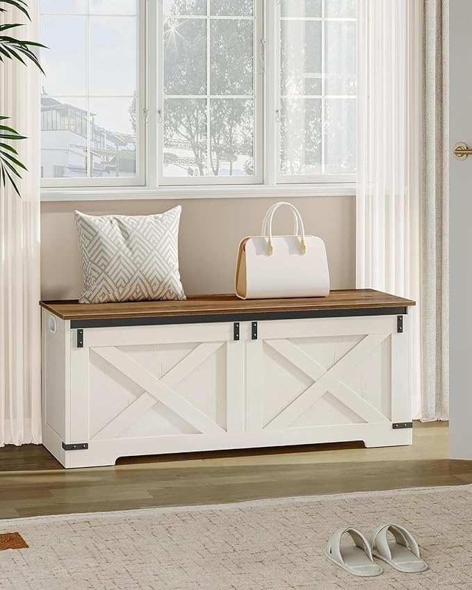 47.2" Storage Chest, Large Storage Trunk with 2 Hinges, Farmhouse Wooden Box Bench, Lift-Top Organizer Chest, Entryway Trunk for Bedroom, Living Room, White and Brown SB12114X