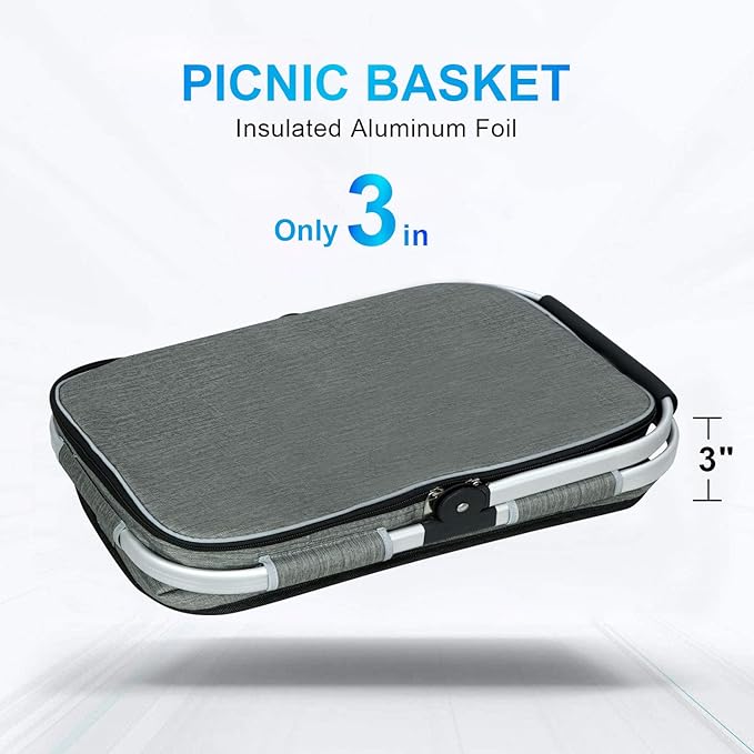 LIQING 35L Large Picnic Basket 2 Layers of Internal Pockets Leak-Proof and Insulated ，Folding with Internal Support for enhansed Stability, Wedding Gifts for Couple(Grey)