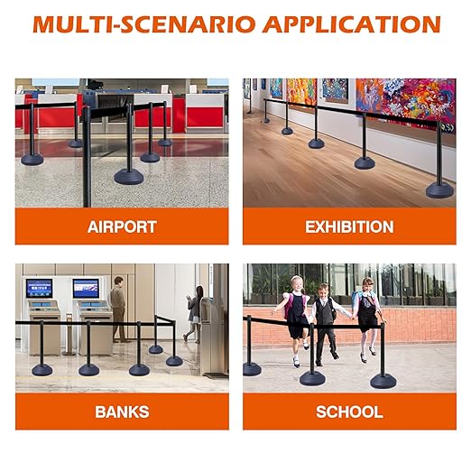 6 Pack Crowd Control Stanchions with 10FT Retractable Belt, Water Filled Base, Black Barrier Posts for Queue Management, Events, and Public Safety