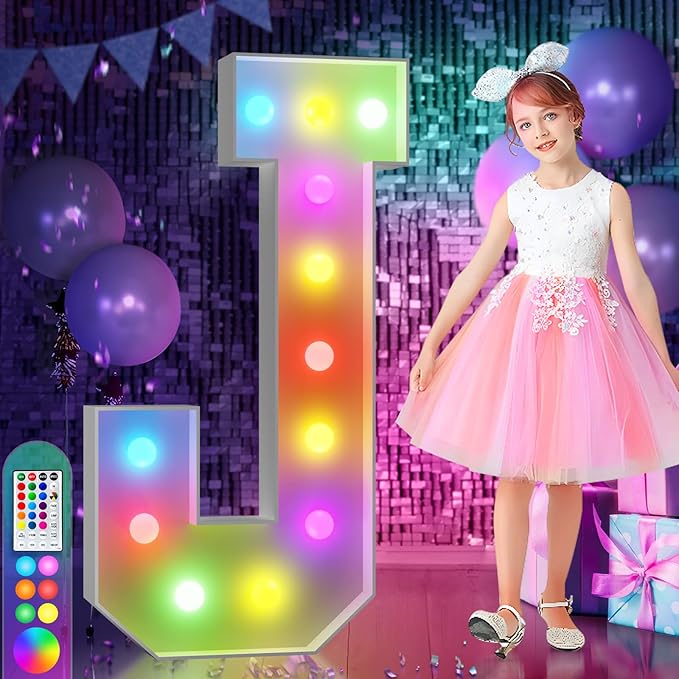 imprsv 4FT Colorful Marquee Letters J, 18 Colors Large Light up Letters Alphabet Sign with Remote, Large Marry Me Sign, Birthday Party Decorations Anniversary Wedding Decoration