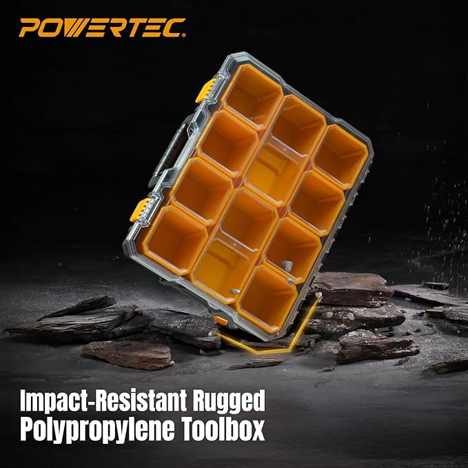 POWERTEC Small Parts Organizer & Tool Box – 10 Compartments, IP65 Water & Dust Protection, Stackable Storage with Interlocking Latch, Removable Tray, Clear Lid, Portable Design, 2-Pack (72365-P2)