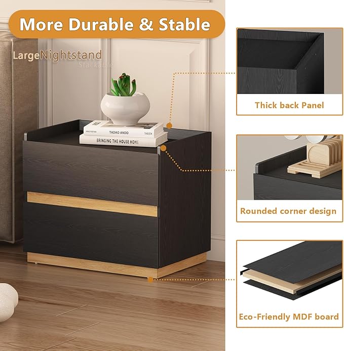 Large Modern Nightstand Black Bedside Table, 2 Drawer Dresser Wood Stackable Storage Drawers for Clothes for Closet, Bedroom, 24"x16"x20"