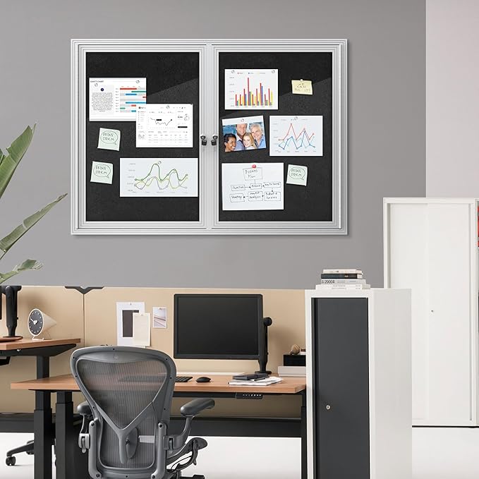 Mifuro 48"x34" Enclosed Bulletin Board, Outdoor Lockable Weather-Resistant Aluminum Cork Noticeboard for School & Office, Silver Frame w/Black Flet