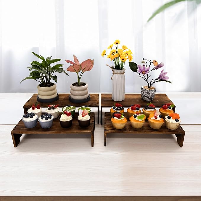 Large Display Riser Wood Risers Cupcake Stand 2 Tier Racks Decorative Rectangular, 2 Set 4 Piece Cologne Perfume Organizer Dessert Stands for Vendors Event