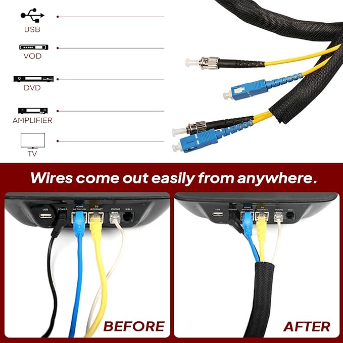 Black Braided Cable Management Sleeves Wire Loom Tubing Cord Protector Self-Wrapping (1"-15Feet)