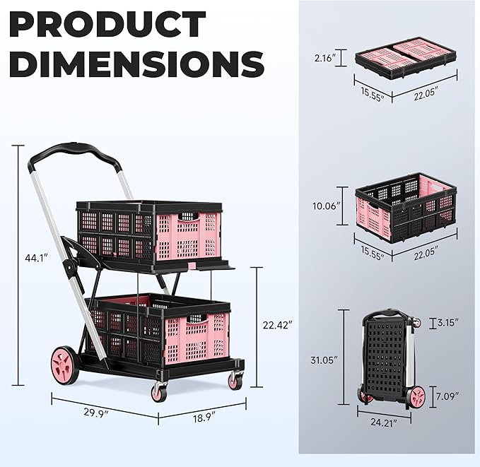 Collapsible Shopping Cart with Wheels, 8-in-1 200LBS Capacity Grocery Cart on Wheels with 2 Storage Crate, Folding Utility Cart for Shopping, Travel, Supermarket, Office, Pink