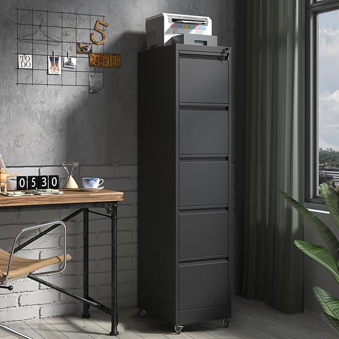 5 Drawer File Cabinet with Wheels,Metal Mobile Filing Cabinets with Lock,Black Vertical File Cabinet for Home Office,Heavy Duty Storage Cabinet for A4/Letter/Legal Size File,Assembly Required