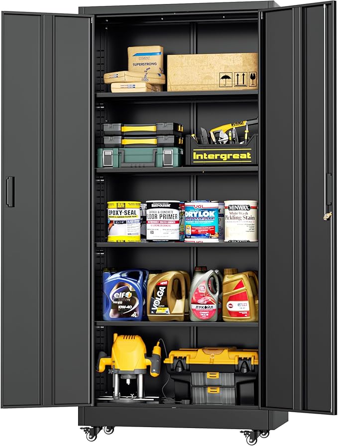 INTERGREAT Metal Storage Cabinet with Wheels, 72" Garage Storage Cabinets with Door and 4 Shelves, Tool Storage Locker on Caster for Home, Office, Black