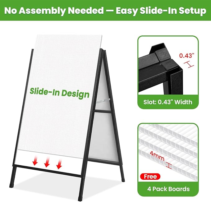 2 Pack A Frame Sign Holder 24x36 Inch, Double-Sided Folding Sandwich Board with Handle, Heavy Duty Metal Sidewalk Sign for Outdoor Business Advertising, Includes 4 Plastic Boards