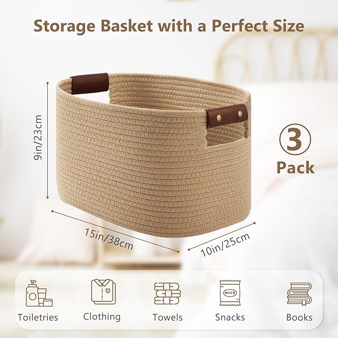 Cotton Rope Basket, Storage Baskets with Handle, 15x10x9 Inch Woven Basket for Shelves, Laundry, Towels, Clothes, Books (Jute/Brown 3Pack)