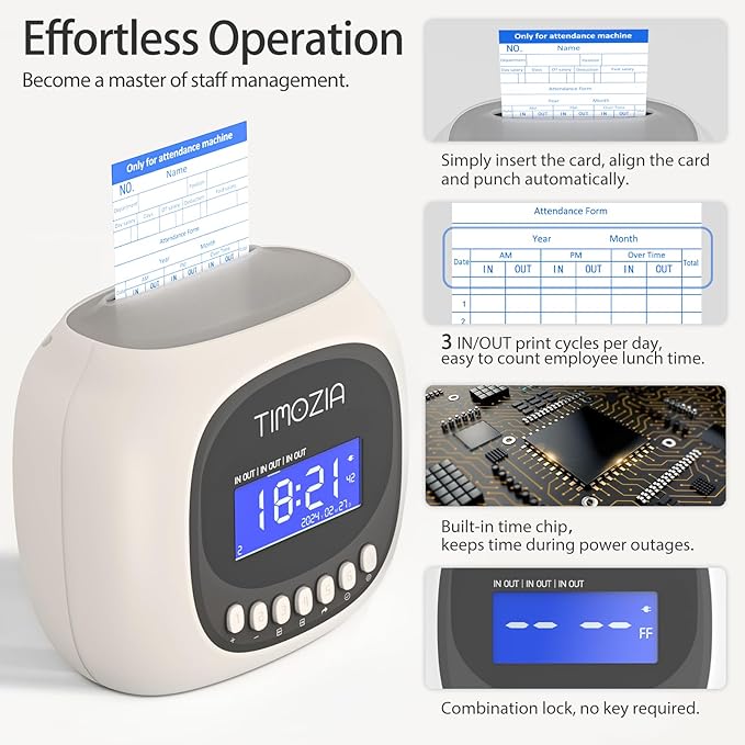 Time Clocks for Employees Small Business, Auto-Align Time Clock, 6 Punches per Day Time Machine | Clock in Machine for Employees with 100 Time Cards, 2 Ink Ribbons(1 Inside) and 1 Rack