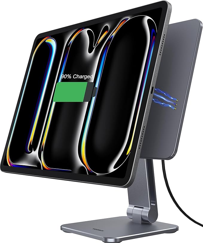 Magnetic iPad Stand with Wireless Charging, 18W Fast Charger, Suction Cup Base, 360° Rotating Panel & Foldable, ONLY for iPad Pro12.9” (M2/M1/4th/3rd) & Air13” (M3/M2), Work/Study Desk - Gray