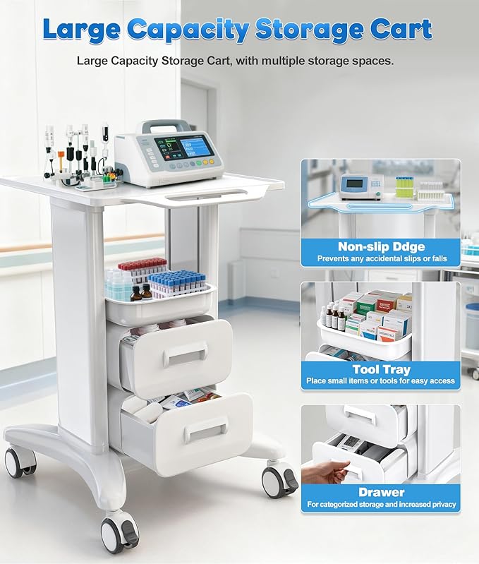 Medical Trolley Cart with Drawers & Wheels - Rolling Hospital Utility Cart for Clinics, Dental Offices, Beauty Salons, 18"x17"x30" Mobile Storage Cart with Locking Casters