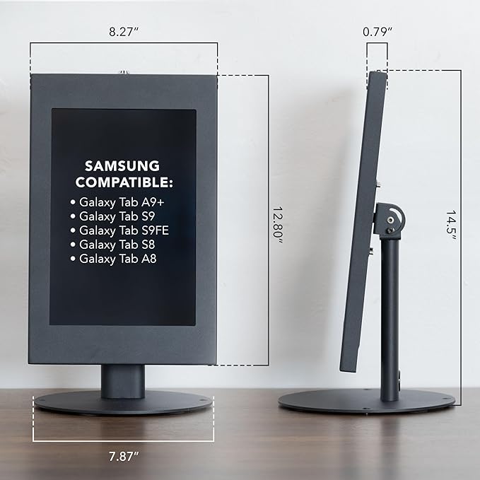 Mount-It! Lockable Tablet Countertop Stand for Samsung Tab A9+, S9, S9 FE, S8, A8 – Anti-Theft POS Stand, Fully Enclosed Security Case, Freestanding or Bolt-Down, Rotating & Tilting Display, Steel