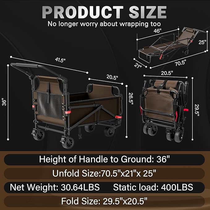 LEVELEVE Heavy Duty Folding Wagon-2-in-1 Collapsible Cart, 400lb Capacity, All-Terrain Wheels w/Brakes & Side Pockets