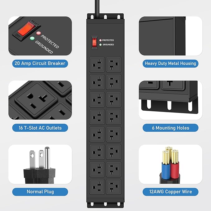 JUNNUJ Heavy Duty 20 Amp Power Strip 4800J, 16 Outlets 12 Gauge Garage Industrial Surge Protector, High Amp 5-15P Adapter Shop 6-20R T-Slot Metal Outlet, 10 FT Extension Cord Commercial for Appliance