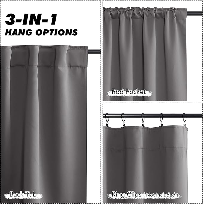 KGORGE 63 inch Curtains 2 Panel Set, Blackout Privacy Thermal Insulation Noise Reducing Grommet Curtain Drapes for Bedroom and Living Room, W52 x L63 inches,Back Tab Rod Pocket, Grey, 2 Panels