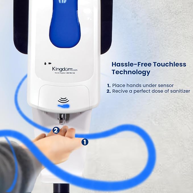 Kingdom Elite Series Automatic Touchless Hand Sanitizer Dispenser with Three Adjustable Dosage Settings Plus a Black Metal and Plastic Stand (Plain/Non-Personalized)