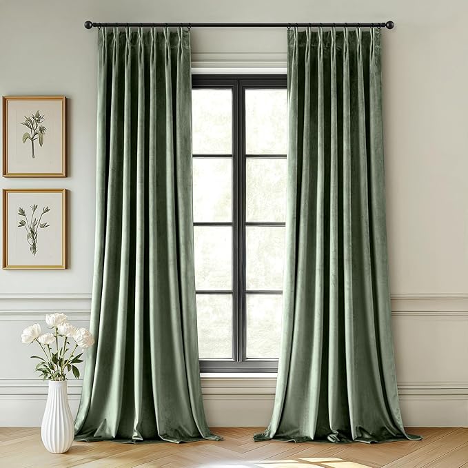 MIULEE Sage Green Velvet Curtains 84 inches Long, Pinch Pleated Blackout Drapes with Hooks, Thermal Insulated Pinch Pleat Panels for Bedroom Living Room, 2 Panels