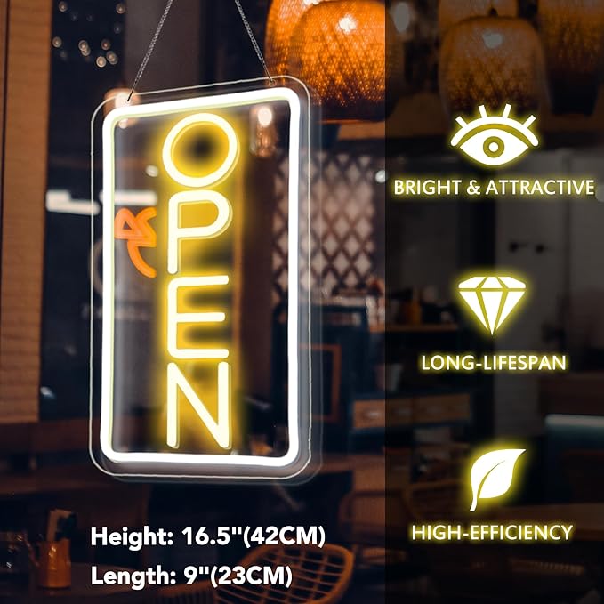 Open Signs for Business,Neon Open Sign Led,16.5"x 9",with Open/Closed Bussiness Hour Sign Set,Light for Bar Coffee Salon Store Window,12V/2A Adapter with ON/OFF Switch (Yellow/White Vertical)