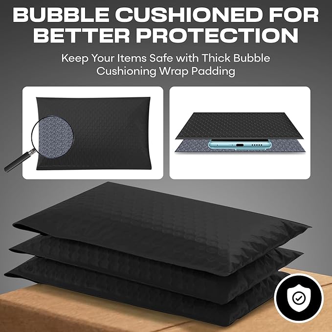 Black Poly Bubble Mailers 7.25x12 inch #1 | Self Seal Padded Envelopes | Cushioned Bubble Mailer | Usable Size 7.25x11 | WaterProof | Lightweight mailing Shipping Bags | 100 Pack Bulk | Made in USA