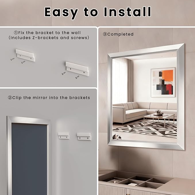 Amorho Bathroom Mirror, 40x38 Inch Silver Thick Metal Framed Wall Mirrors for Over Sink, Brushed Nickel Mirror Perfect for Bedroom, Living Room, Entryway, Rectangle (Horizontal/Vertical).