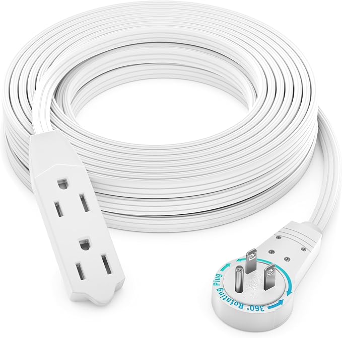 Maximm Cable 30 Ft 360° Rotating Flat Plug Extension Cord, 16/3 AWG Multi 3 Outlet 3-Prong Grounded Wire- White - UL Certified