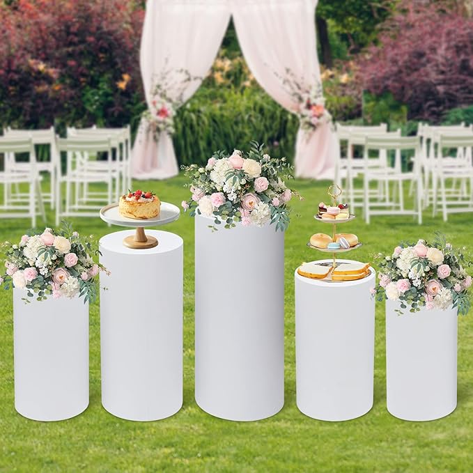 5Pcs Cylinder Pedestal Stands 20''/21.5''/23.5'' /29.5''/35.5'' Round Cylinder Pedestal Pillars Metal Pedestals Display Cake Cylinder Stand Dessert Display Pillars Dessert Stand for Party Decoration
