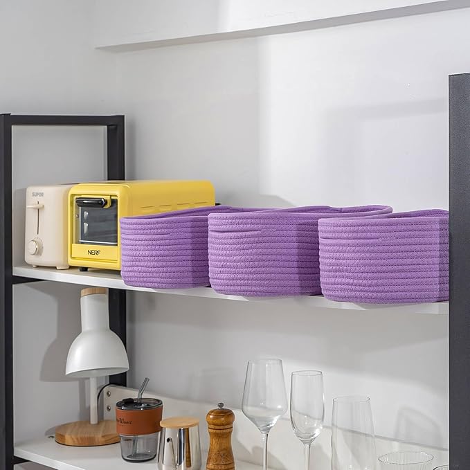 CubesLand Small Storage Baskets for Shelves, Closet Organization Storage Bins Empty Gift Basket 3 Packs Baby Nursery Woven Baskets for Organizing, Rectangular Clothes Closet Shelves Baskets Purple