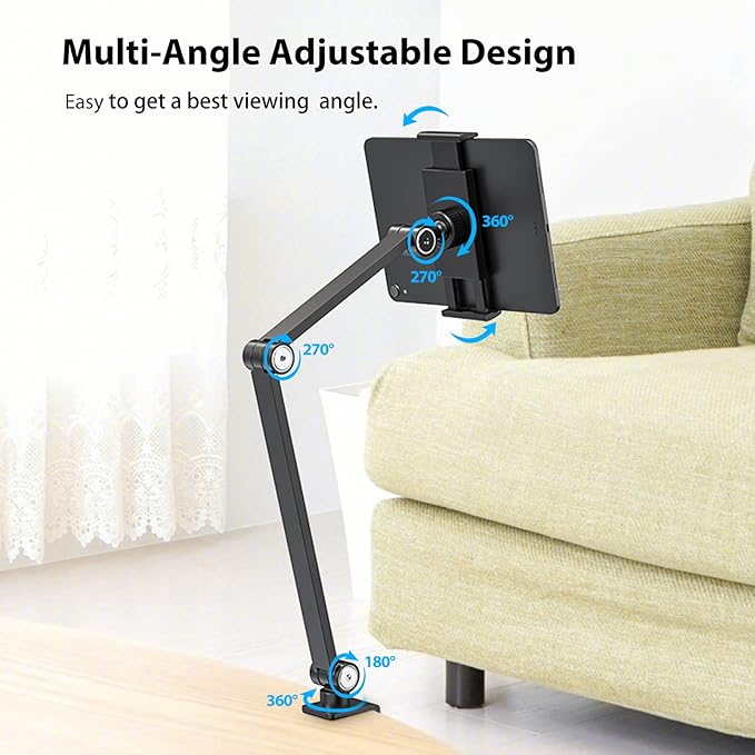 BEWISER iPad Desk Mount, Tablet Stand Holder for Desk or Bed,Rotate 360 Degrees of Flexible, Height and Angle Adjustable, Aluminium Alloy Arm Clamp Mount Compatible with4.7-15.6" Screen (Space Gray)