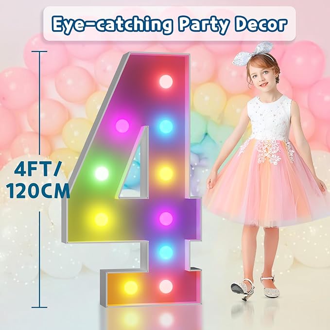 imprsv 4FT Colorful Marquee Numbers,18 Colors with Remote, Light Up Numbers 4 for 4th 40th Birthday Decorations Anniversary Party Decor, Pre-Cut Foam Board Kit, Mosaic Sign for Balloon