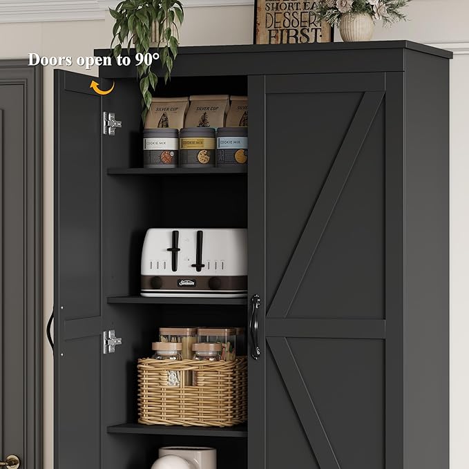 HOSTACK 70" Tall Kitchen Pantry Storage, Barn Doors Pantry Cabinet with Drawers and Adjustable Shelf, Modern Farmhouse Storage Cabinet for Kitchen, Dining Room, Living Room, Bathroom, Black