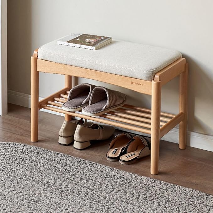 Solid Wood Shoe Bench Assembled, Shoe Rack Bench with Cushion for Entryway, Living Room, Bedroom, Hallway, 11.8" x 23.6" x 16.5", Natural