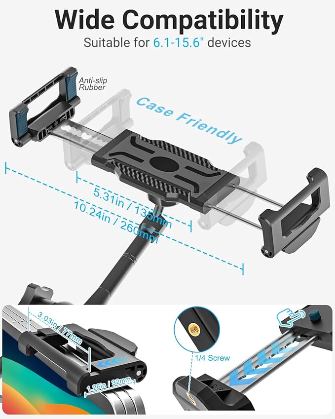 Metal Kitchen Tablet Stand, Fit for 6.1-15.6" Devices, Magic Long Arm Mount for Cabinet, Desk, Table, with 360° Foldable Rotation Aluminum Holder, Compatible with iPad Pro/Air/Mini, Galaxy Tab