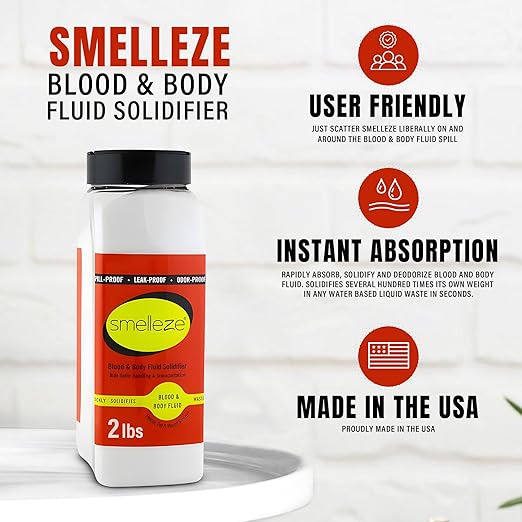 SMELLEZE Blood & Body Fluid Waste Clean Up Super Absorbent, Solidifier & Deodorizer: 2 lb. Granules Absorb Blood, Urine, Diarrhea, Vomit, Body Fluids & Other Water Based Bio Waste in Seconds