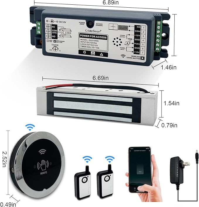 WiFi Access Control 400lb Holding Force Electic Magnetic Door Lock System Kit with Remote and Smartphone app Control, paired with Wireless Metal Touchless Round Switch (Electric Magnetic Lock kit)