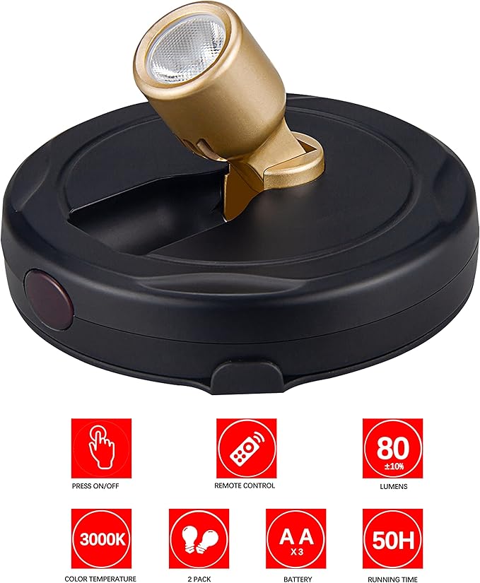 Battery Operated LED Spotlight, Picture Spot Lights, Indoor Uplighting, Puck Lights with Remote, Plants Tree Spotlight, Display Light for Paintings Dartboard Portrait-Gold