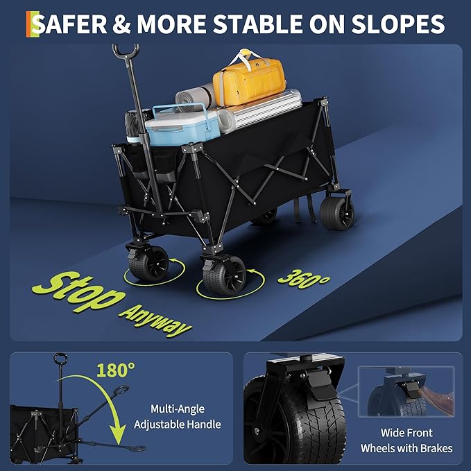 35" Foldable Wagon for Beach with 350lbs Weight Capacity, Heavy Duty 280L Extra Large Collapsible Foldable Wagon for Camping, All Terrain Beach Wagons Extended with Cup Holders for Sand
