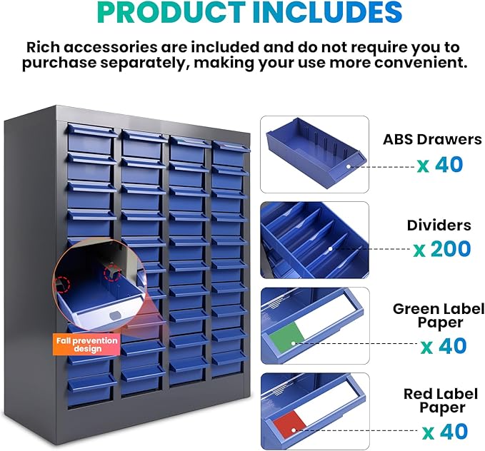 40-Drawer - Nut and Bolt Organizer | Stainless Steel Part Storage Cabinet | Shelves & Labels | Each Drawer 3.9" D x 7.8W x 2" H | Durable Hardware Storage for Small Parts/Tool (Classroom, Home)