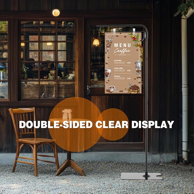 Blulu 1 Pcs Adjustable Hanging Poster Stand Sign Holder 43-87 Inch Pallet Floor Standing Poster Display Black Heavy Duty Double Sided Clip on Mobile Banner Stand with Base for Outdoor Hanging Display