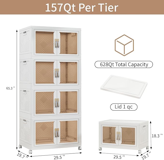 Large Clear Stackable Storage Bins with Lids, 628QT-157QT*4Tier Foldable Cabinet for Closet Organizers, Plastic Storage Box with Wheels White