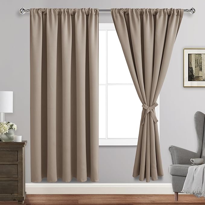 JIUZHEN Blackout Curtains for Bedroom - Thermal Insulated Room Darkening Rod Pocket Curtains for Living Room, Set of 2 Panels with Tiebacks, 60 x 72 Inch Length, Camel
