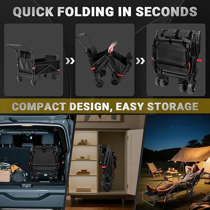 LEVELEVE Heavy Duty Folding Wagon - 2-in-1 Collapsible Cart, 400lb Capacity, All-Terrain Wheels w/Brakes & Side Pockets