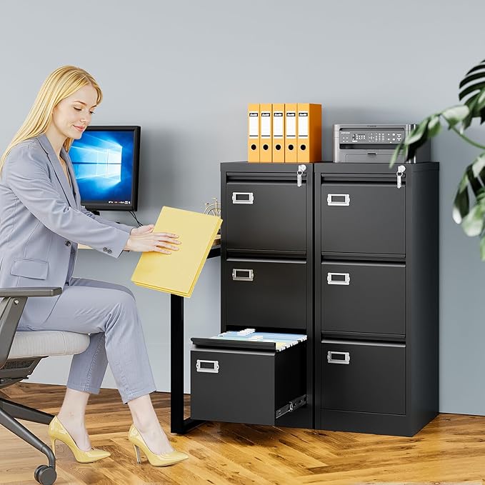 3 Drawer File Cabinet with Lock, Metal Filing Cabinets for Home Office, Vertical Black Locking File Caninet, Steel Narrow Three Drawer File Cabnet for Letter/Legal / A4 / B4- Assembly Required