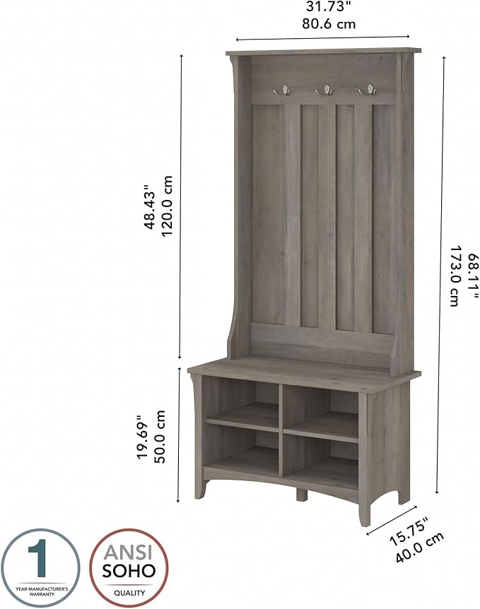 Bush Furniture Salinas Hall Tree with Shoe Storage Bench in Driftwood Gray, Multi-Purpose Home Organizer, Entryway Solution with Seating and Hooks